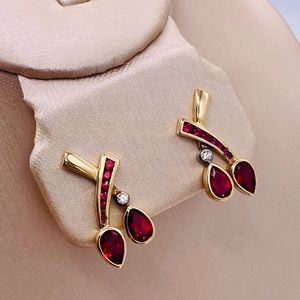 EUC Gold Plated Red Garnet & White Topaz Earrings